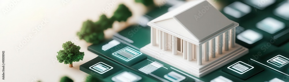 Digital financial concept showing a model of a bank on a technology background symbolizing online banking and digital finance. Digital financial concept showing a model of a bank on a technology background symbolizing online banking and digital finance.