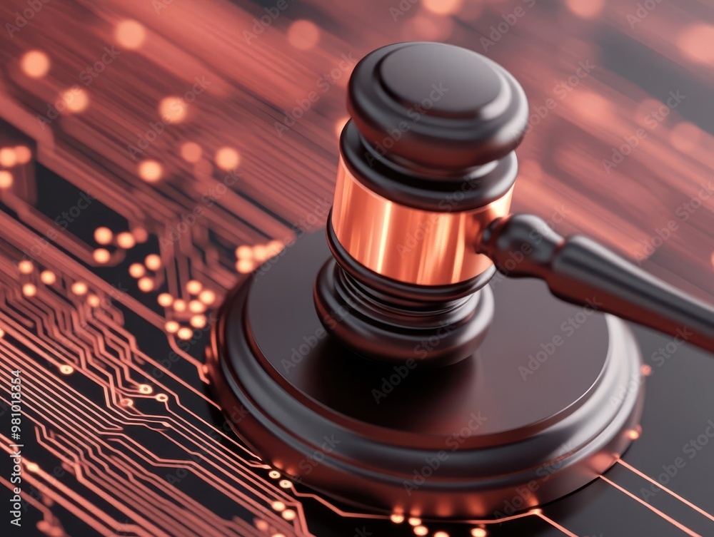 Gavel resting on digital circuit board, symbolizing intersection of law and technology for cyber law, tech policy, and digital regulation concepts. Gavel resting on digital circuit board, symbolizing intersection of law and technology for cyber law, tech policy, and digital regulation concepts.