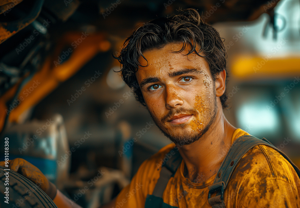Image of a mechanic with a greasy face, wearing overalls, repairing a car tire. Image of a mechanic with a greasy face, wearing overalls, repairing a car tire.