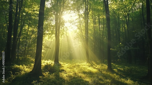 A serene forest with sunlight streaming through the trees.