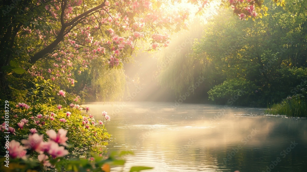 Obraz premium A serene landscape of a heavenly garden with blooming flowers, soft light, and a gentle mist over a calm river.