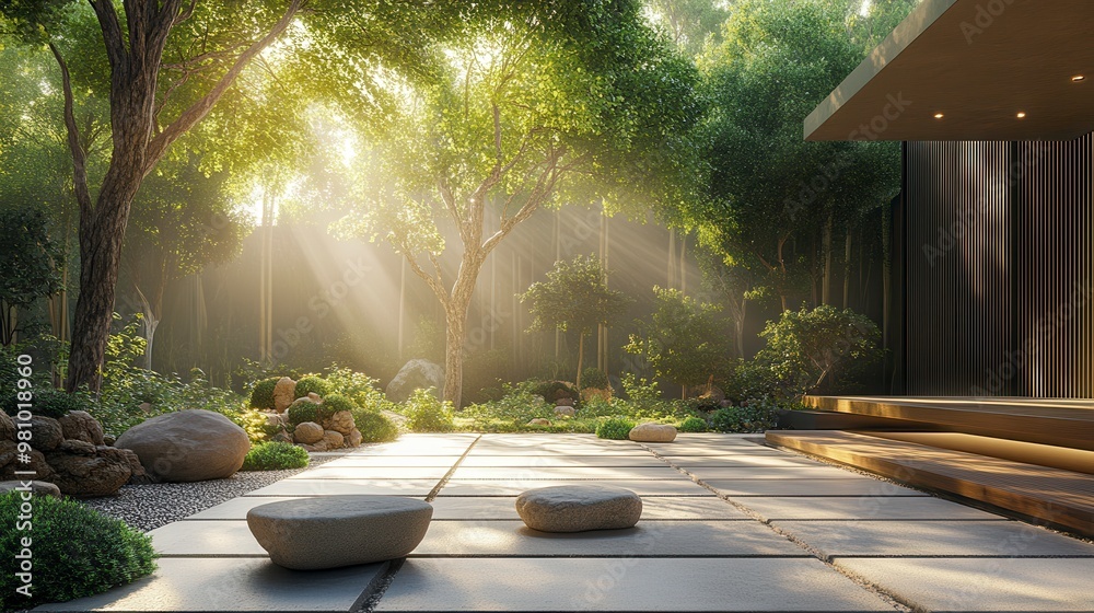 Fototapeta premium Sun shining through trees in a japanese garden with a modern house