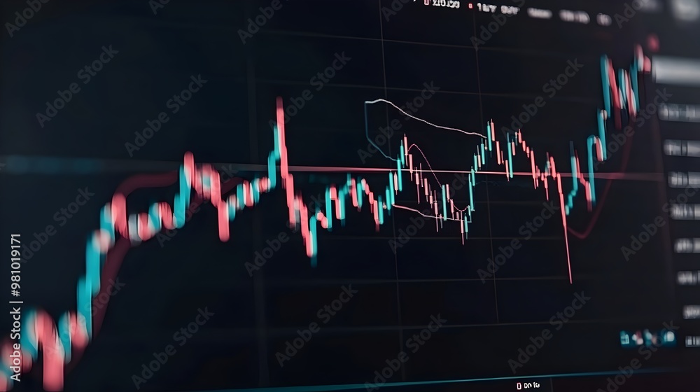 Fototapeta premium Digital Financial Data Analysis Dashboard with Candlestick Chart and Market Metrics