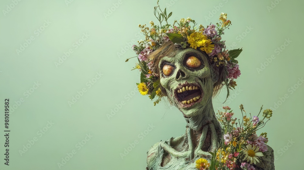 A single, charming zombie with a mischievous smile, adorned with a wreath of mixed wildflowers, on a clean, light green background. A single, charming zombie with a mischievous smile, adorned with a wreath of mixed wildflowers, on a clean, light green background.