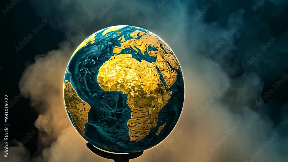 A lit globe on a stand is central, surrounded by thick smoke against a dark backdrop. The globe's vibrant colors highlight continents. The scene feels mysterious and intense, suggesting themes like A lit globe on a stand is central, surrounded by thick smoke against a dark backdrop. The globe's vibrant colors highlight continents. The scene feels mysterious and intense, suggesting themes like