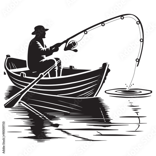 Fisherman Vector illustration in black and white - Fishing Clipart Design
