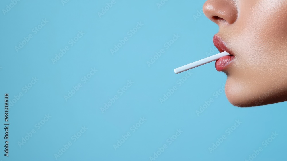 Obraz premium Close-up of a woman's profile with a cigarette in her mouth against a light blue background, showcasing modern lifestyle aesthetics.