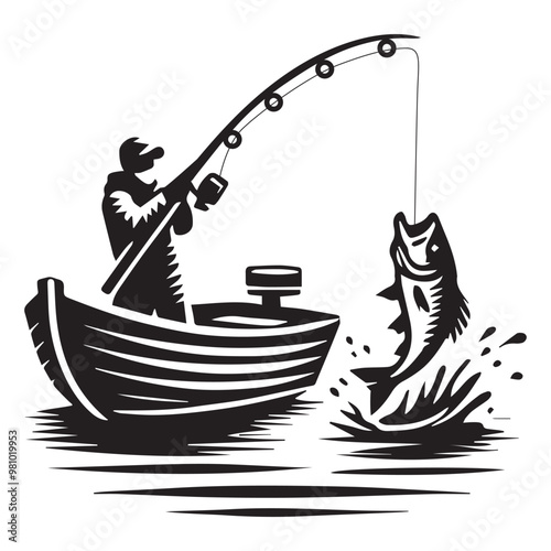 Fisherman Vector illustration in black and white - Fishing Clipart Design