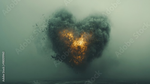 A heart-shaped explosion of fire and smoke, symbolizing intense emotion and destruction.
