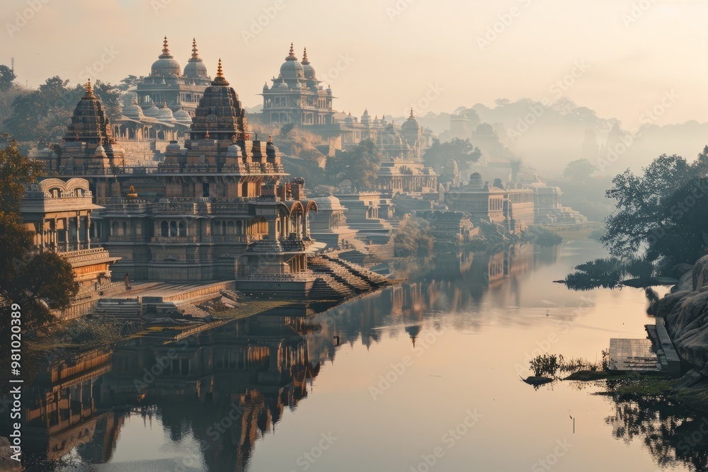 Fototapeta premium Enchanted temples rise along the tranquil riverbank as mist settles