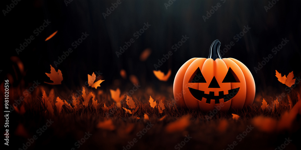 A glowing jack-o'-lantern with a classic smile sits on a field of grass at dusk, surrounded by falling autumn leaves. The dark surroundings and the bright pumpkin,a festive, spooky mood,Halloween. A glowing jack-o'-lantern with a classic smile sits on a field of grass at dusk, surrounded by falling autumn leaves. The dark surroundings and the bright pumpkin,a festive, spooky mood,Halloween.