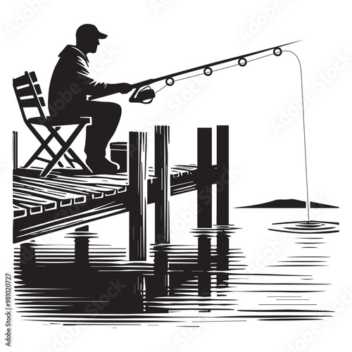 Fisherman Vector illustration in black and white - Fishing Clipart Design