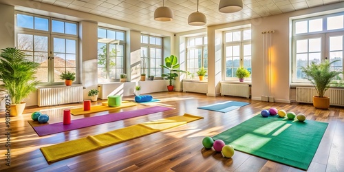 Serene prenatal yoga studio setting with colorful mats and props  soft natural light  and calming ambiance  evoking feelings of wellness and expectant joy.