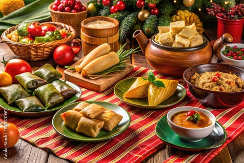 Traditional Colombian Christmas dinner with tamales, buñuelos, natilla, and other festive dishes on elegant tablecloth photo