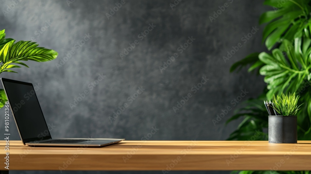 Modern workspace with a laptop on a wooden desk, surrounded by green plants and a dark gray wall background.