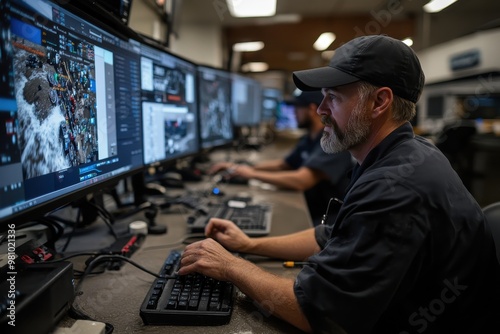 An emergency operation center where staff are monitoring natural disasters on multiple screens, demonstrating intense coordination and response efforts to manage the ongoing crisis.