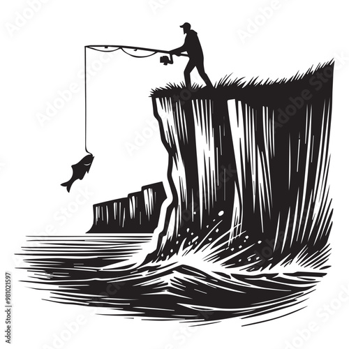 Fisherman Vector illustration in black and white - Fishing Clipart Design