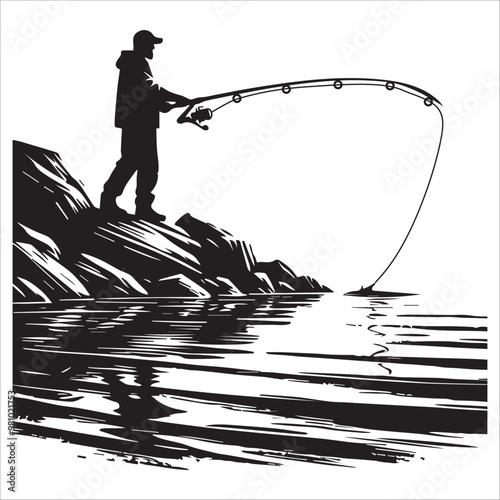 Fisherman Vector illustration in black and white - Fishing Clipart Design