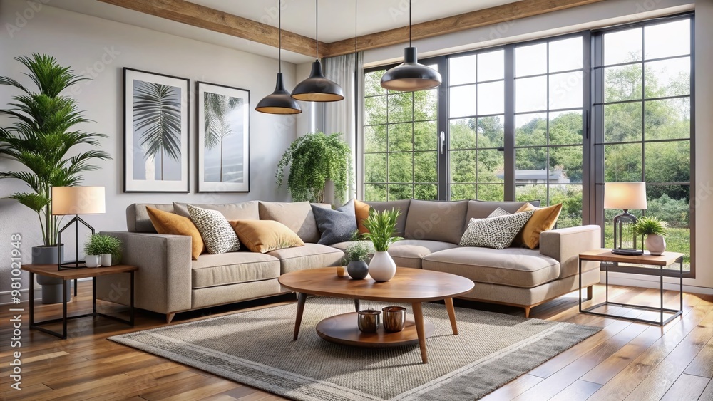 Stylish and affordable living room design featuring a modern sectional sofa, minimalist decor, and natural light, Stylish and affordable living room design featuring a modern sectional sofa, minimalist decor, and natural light,