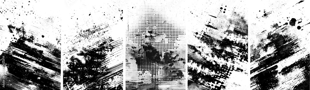 This image combines halftone and brush textures in black and white, creating an abstract and visually striking composition. This image combines halftone and brush textures in black and white, creating an abstract and visually striking composition.