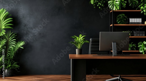 Modern workspace with wooden desk, computer, and green plants against a dark wall. Stylish office setup showcasing minimalism and nature.