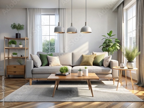Stylish modern living room with affordable rented furniture, including a sleek sofa, contemporary coffee table, and