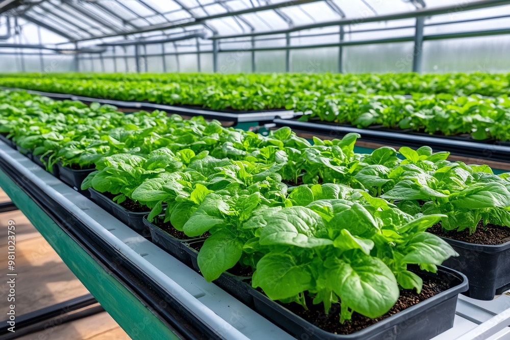 A modern agricultural greenhouse filled with rows of healthy, vibrant crops under precise climate control A modern agricultural greenhouse filled with rows of healthy, vibrant crops under precise climate control