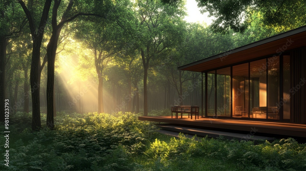 Geometric wooden cube house with a wraparound porch, blending seamlessly into dense forest, architectural sketch, subtle greens and browns, morning light Geometric wooden cube house with a wraparound porch, blending seamlessly into dense forest, architectural sketch, subtle greens and browns, morning light