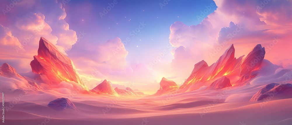 Enchanting Fantasy Desert Landscape Featuring Surreal Rock Formations and Vibrant Glowing Sands Under a Starry Sky Enchanting Fantasy Desert Landscape Featuring Surreal Rock Formations and Vibrant Glowing Sands Under a Starry Sky