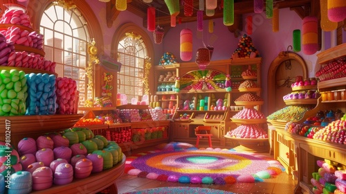 Visualize a colorful array of gummy candies and chocolate confections displayed in a candy shop setting