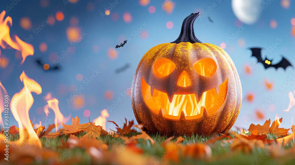 Pumpkin with Halloween face surrounded by autumn leaves and bats under a glowing moon Pumpkin with Halloween face surrounded by autumn leaves and bats under a glowing moon