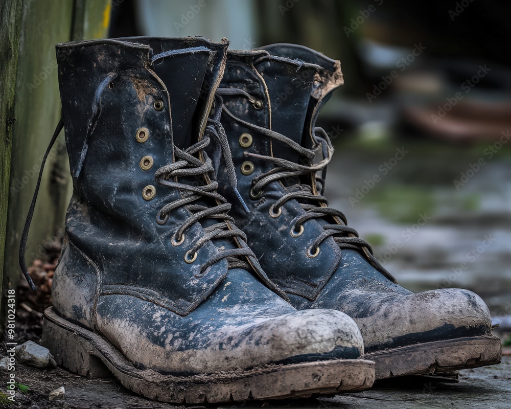 Old Boots. Dirty Military Black Leather Shoes with Worn Out Soles Old Boots. Dirty Military Black Leather Shoes with Worn Out Soles
