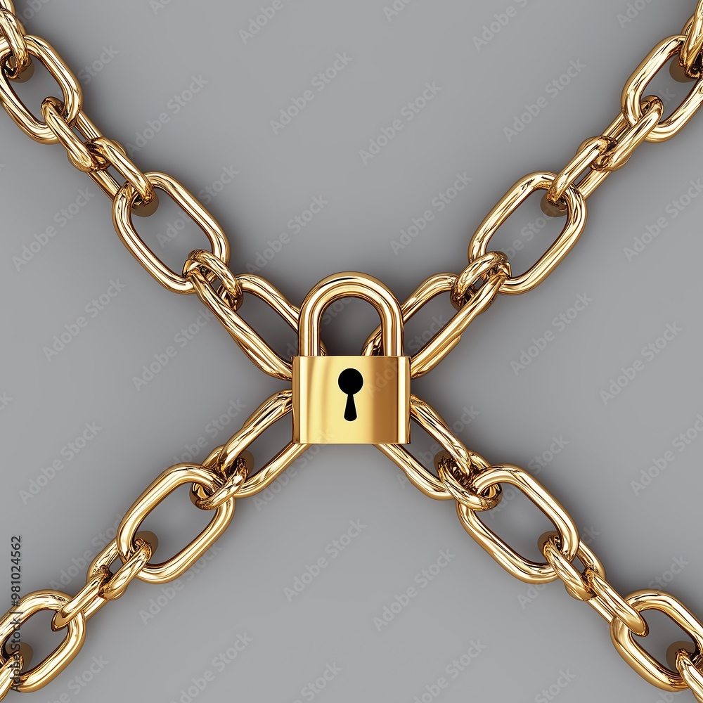Gold padlock with crossed chains on a neutral grey background Gold padlock with crossed chains on a neutral grey background