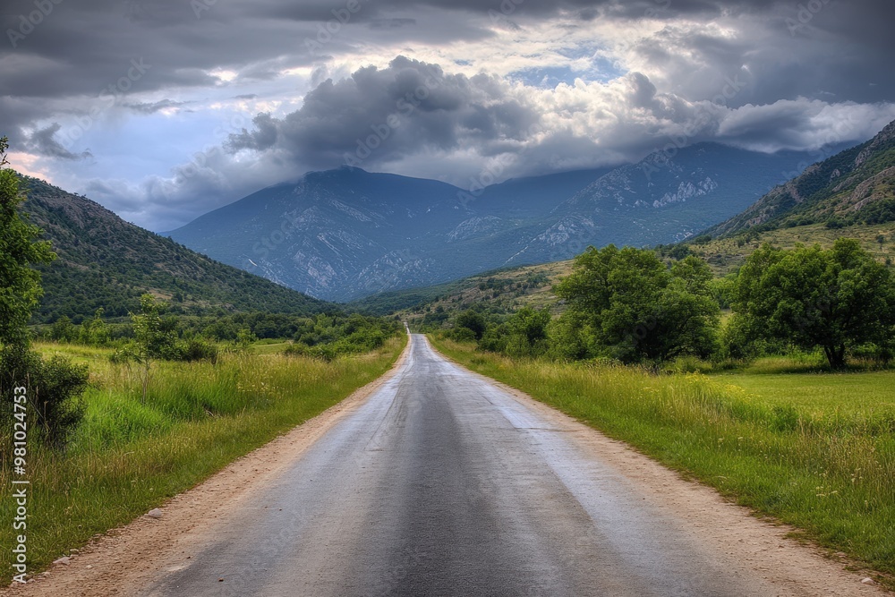 Old Highway Through Mountain Landscape under Cloudy Sky Old Highway Through Mountain Landscape under Cloudy Sky