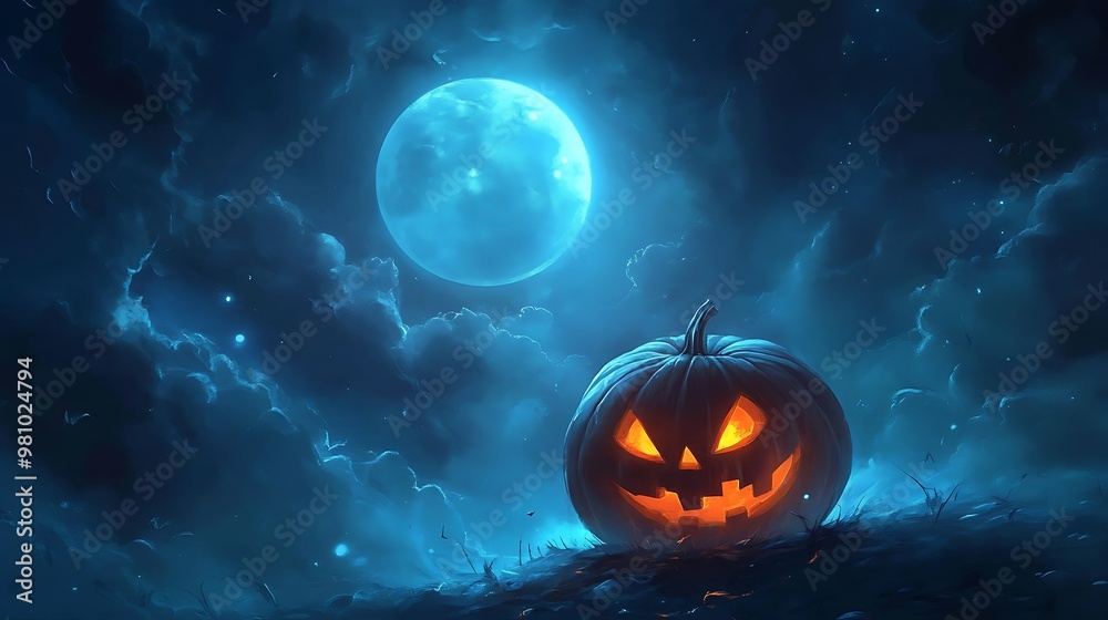 Naklejka premium Glowing Halloween Pumpkin Under a Full Moon with Enchanting Night Sky
