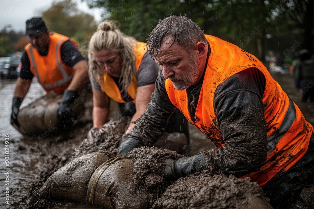 A team in reflective vests collectively handles sandbags amidst muddy and wet conditions, showing a strong team effort and community spirit in challenging circumstances. A team in reflective vests collectively handles sandbags amidst muddy and wet conditions, showing a strong team effort and community spirit in challenging circumstances.