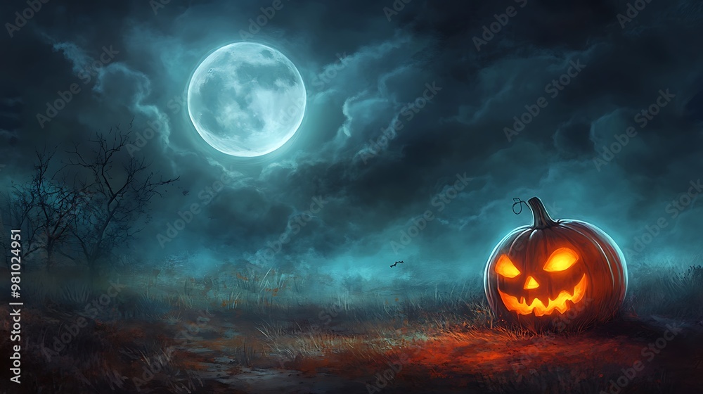 Naklejka premium Glowing Halloween Pumpkin Under a Full Moon with Enchanting Night Sky