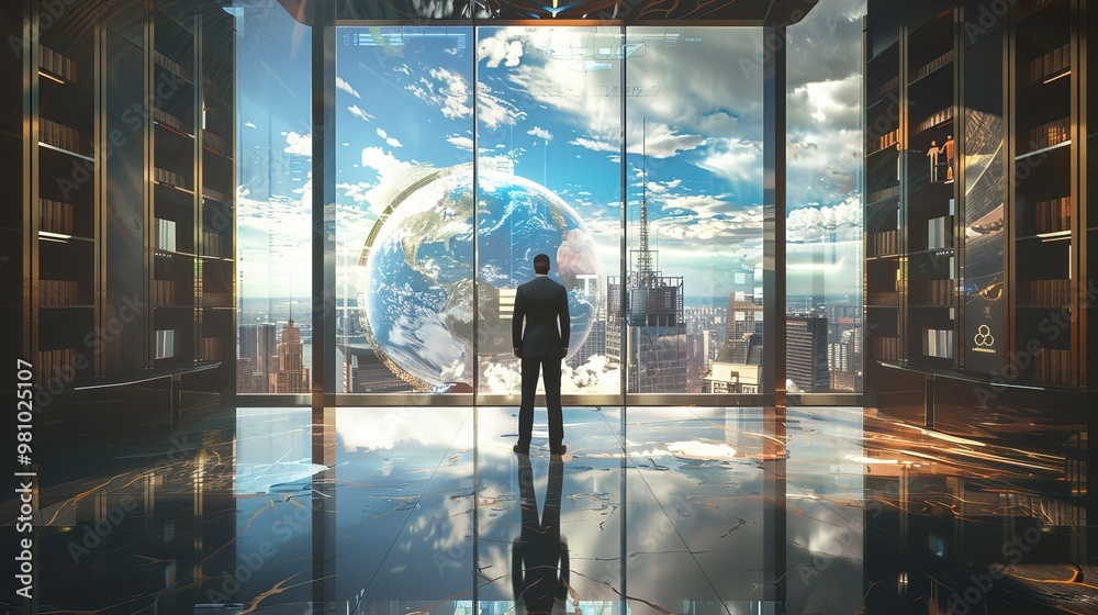 Powerful media mogul in grand office, overlooking city skyline, holding tablet with news headlines, surrounded by globe and awards, exuding authority and influence.