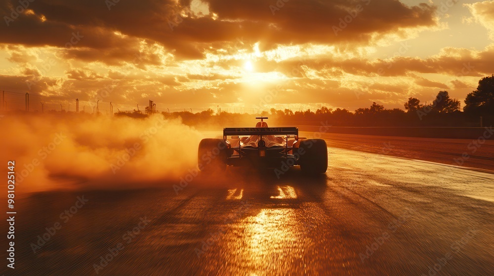 Fototapeta premium Formula 1 race car speeding on a wet track at sunset