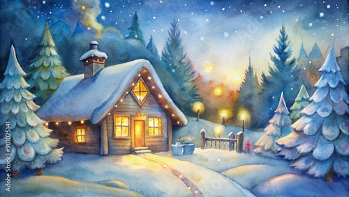 Joyful holiday scene background with a cozy cabin, winter landscape with copy space