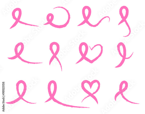Pink ribbon design set. Line art brush style. Breast Cancer Awareness Month. Vector illustration.