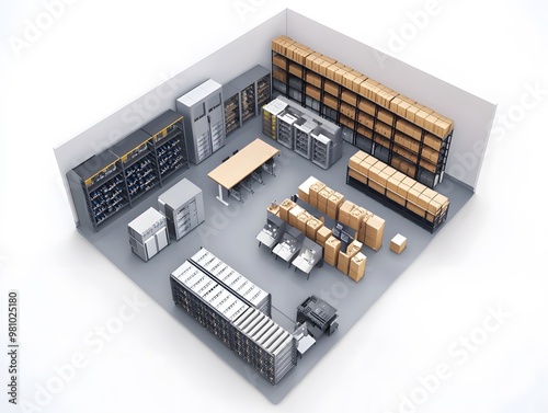 Aerial view of a modern storage room featuring shelves, boxes, and workstations, ideal for warehouse or inventory management visuals.