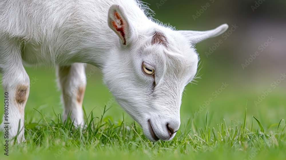 An intimate shot of a goat grazing on bright green grass, focusing on the animal's gentle expression and the sharp contrast between its fur and the greenery.