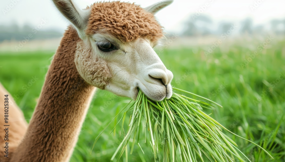 Obraz premium An intimate shot of a grazing alpaca, with blades of green grass slipping through its teeth, creating a calm and serene pastoral scene.