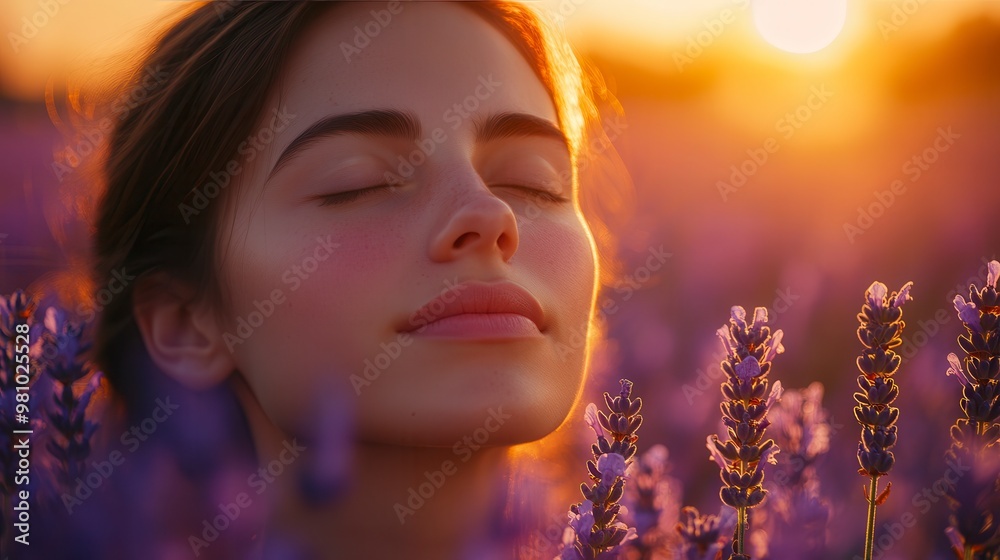 Fototapeta premium Young woman enjoying smell of lavender field at sunset