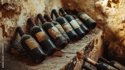 Old Wine Bottles: Selective Focus on Vintage Wine Bottles in Dusty Cave Setting photo