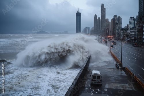 Huge storm waves crash angrily against a city barrier under thick, cloudy skies, unveiling the dramatic clash between nature’s wrath and urban defense mechanisms in sensational detail. photo