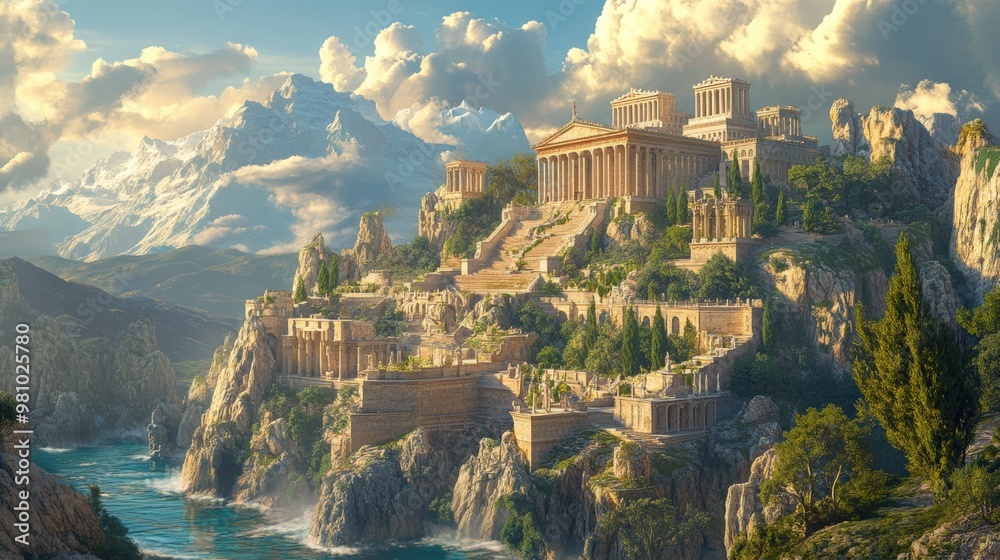 Naklejka premium Olympus Palace: Fantasy 3D Illustration of a Mount Olympus Palace in Greek Nature