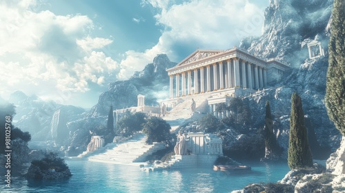 Olympus Fantasy Palace on Mount. 3D Illustration of Greek Nature and Mythical Background