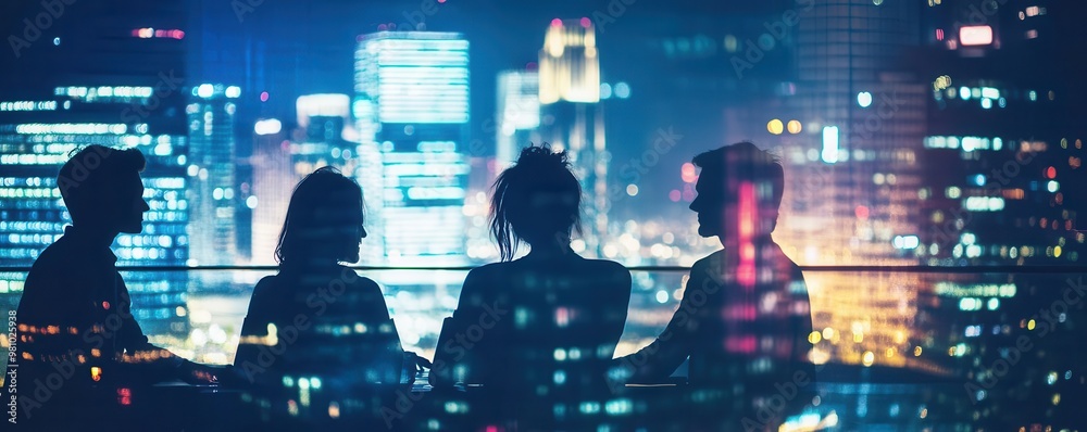 Fototapeta premium Startup team working late with cityscape blending in close up, focus on, copy space with neon city lights Double exposure silhouette with urban skyscrapers
